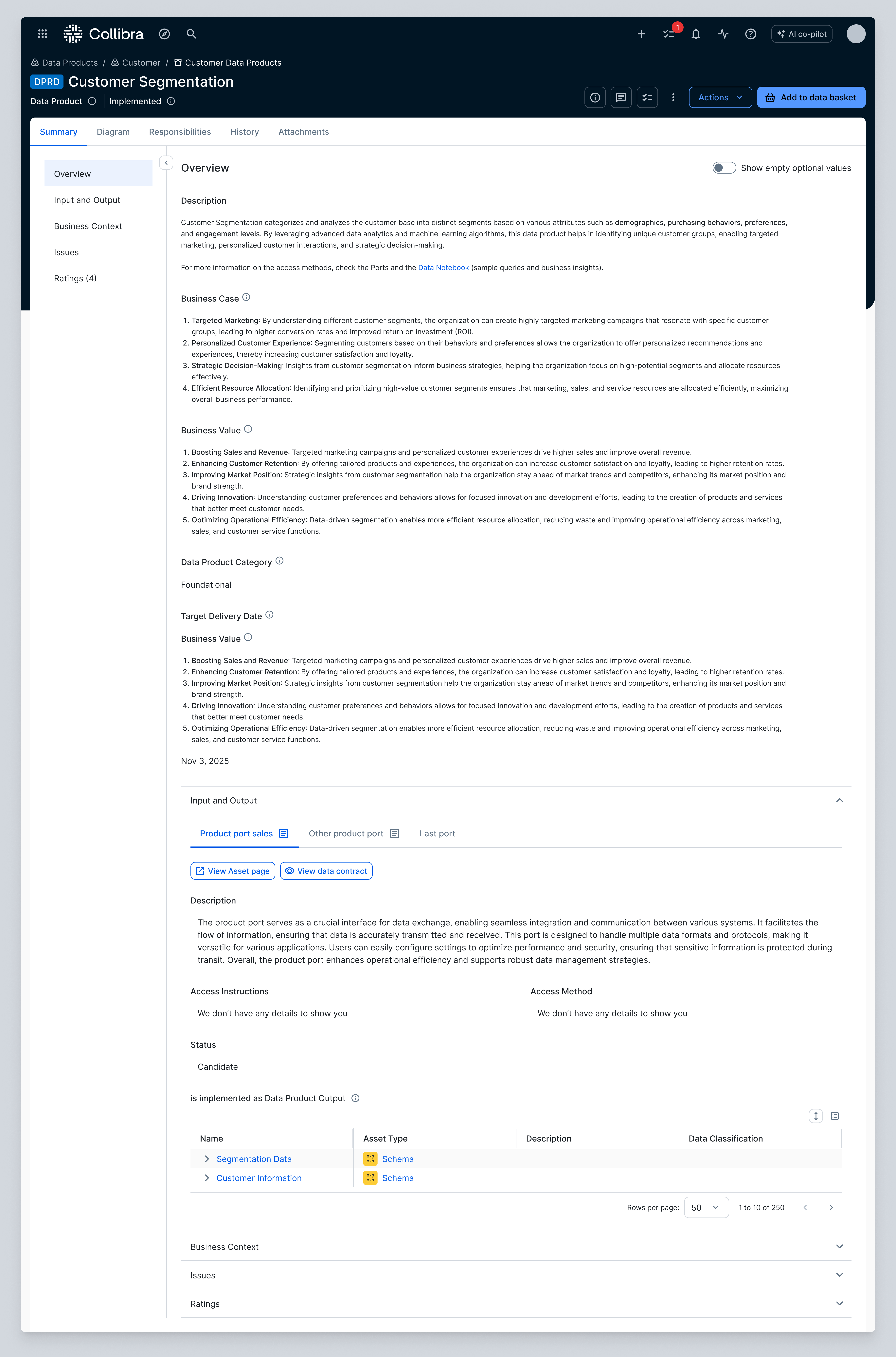 Production data-product page before the redesign, with the Output Port Viewer inside a dense page.