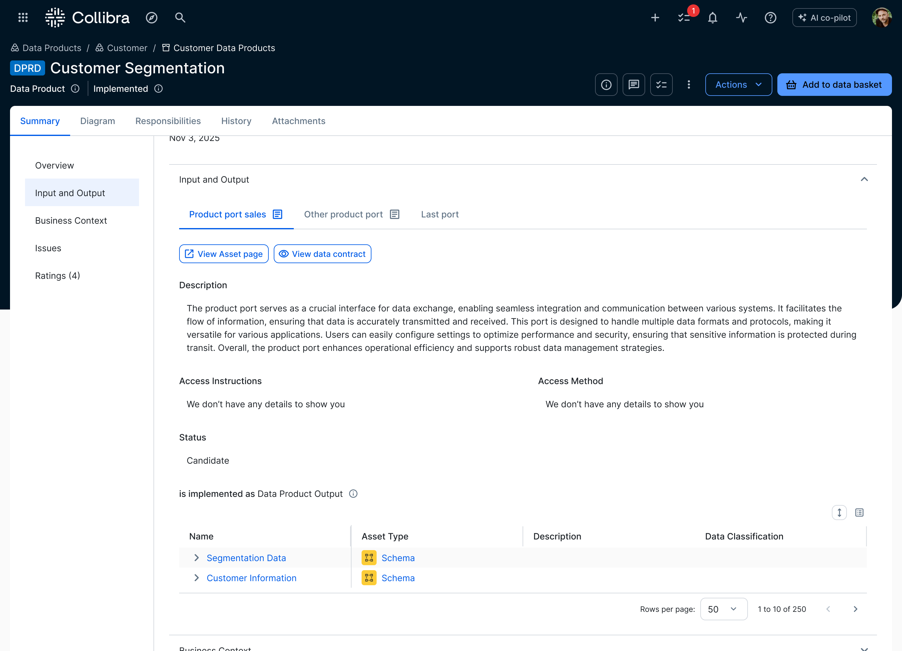 Before: output ports shown as tabs inside a dense data product page