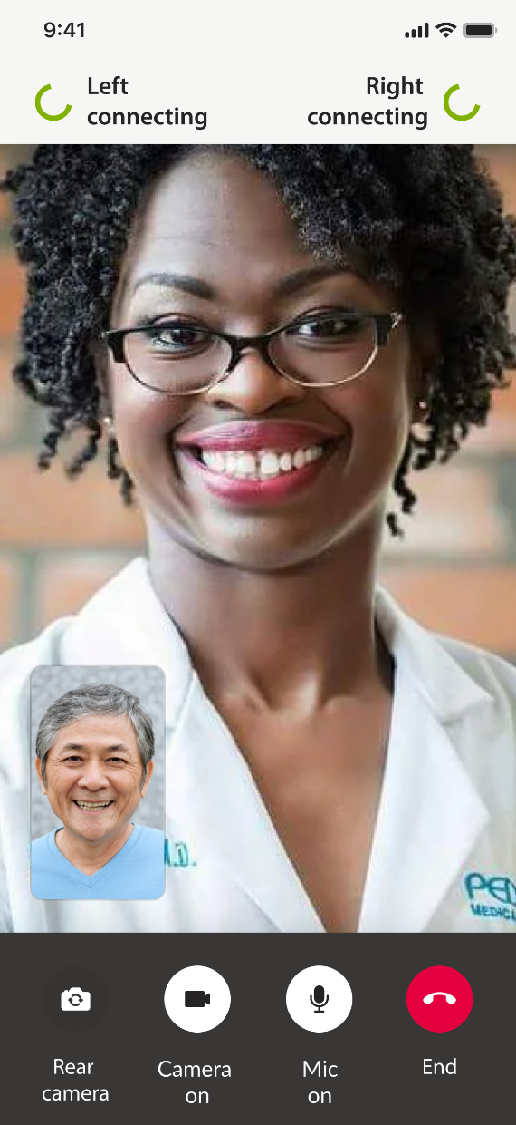 A video call in the app: the audiologist on screen, the person in a small self-view, and the connection state of both aids in the header.