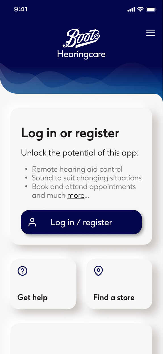 The same entry screen in the Boots Hearingcare brand: the wordmark on a navy field, above a log-in card.