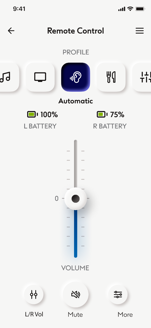 The same remote control screen in the Boots Hearingcare brand — same hierarchy, different palette.