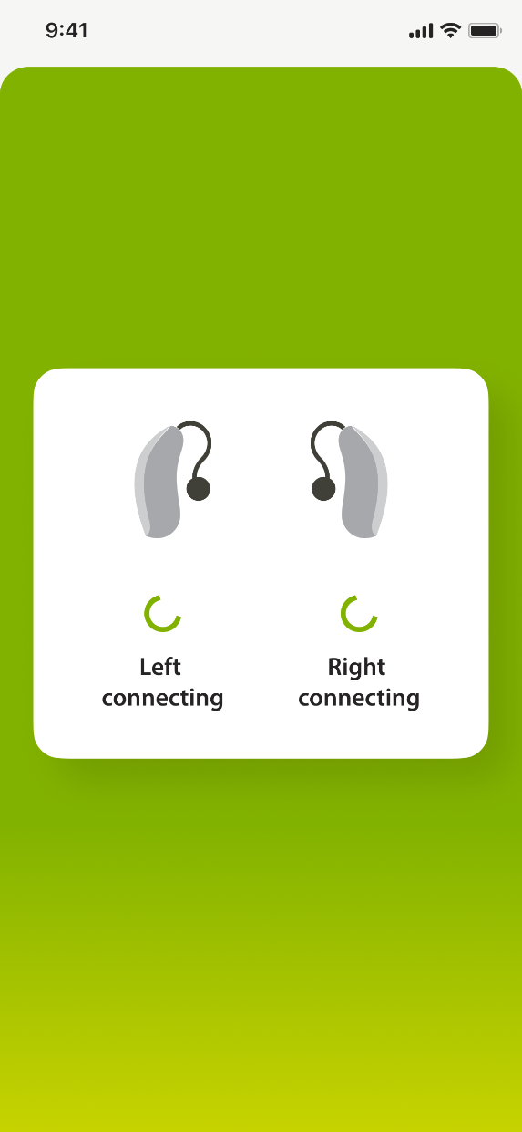 The home screen reporting the connection state of the left and right aid separately, in words.