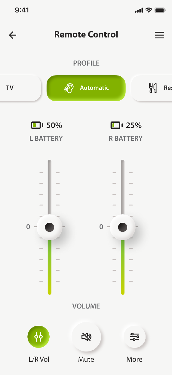Remote Control: volume for the left and right hearing aid, the current profile and both battery levels on one screen.