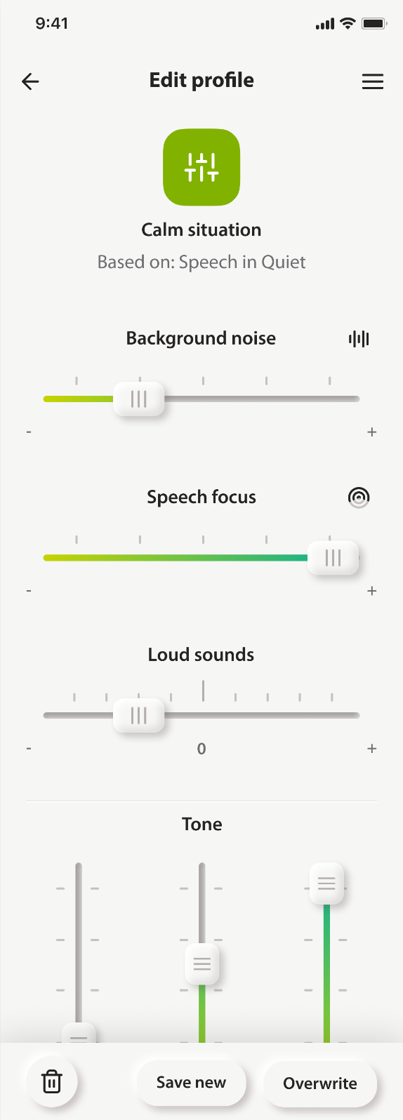 Editing a sound profile: four sliders — background noise, speech focus, loud sounds and tone — under one recognisable name.