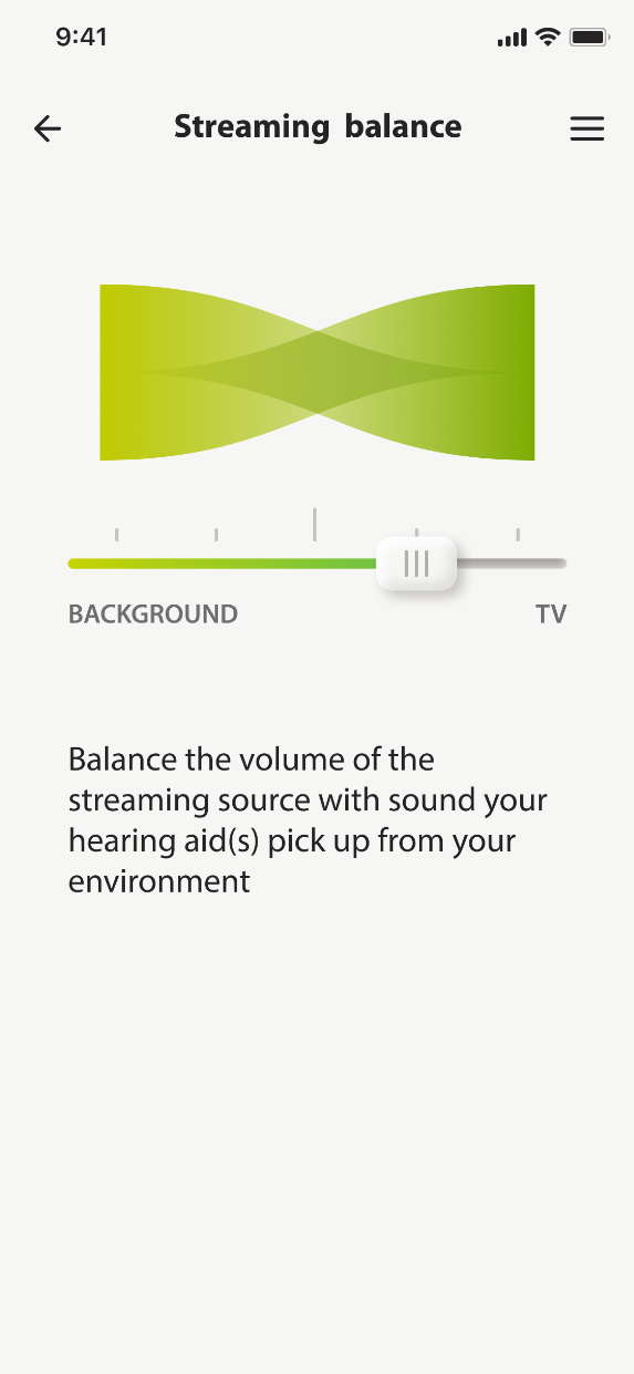 Streaming balance: a single slider running from background sound to the television, with no numbers.