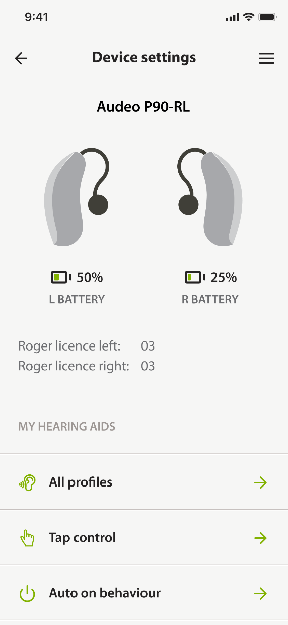 Device settings: model, licences and behaviour options, one level below the daily controls.