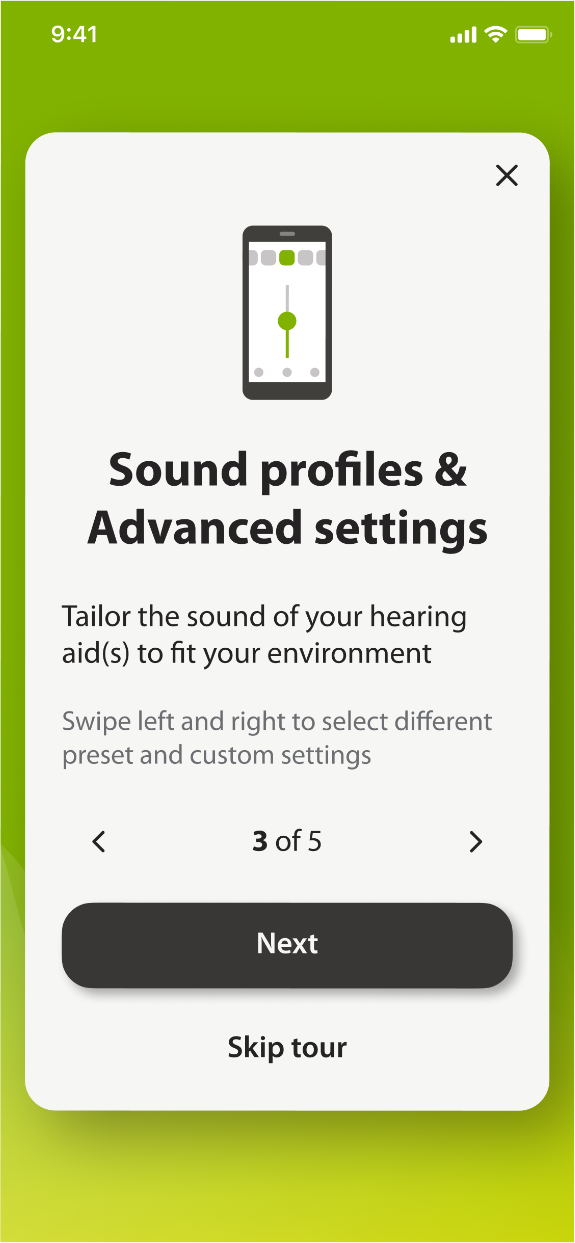 Onboarding card three: sound profiles and advanced settings.