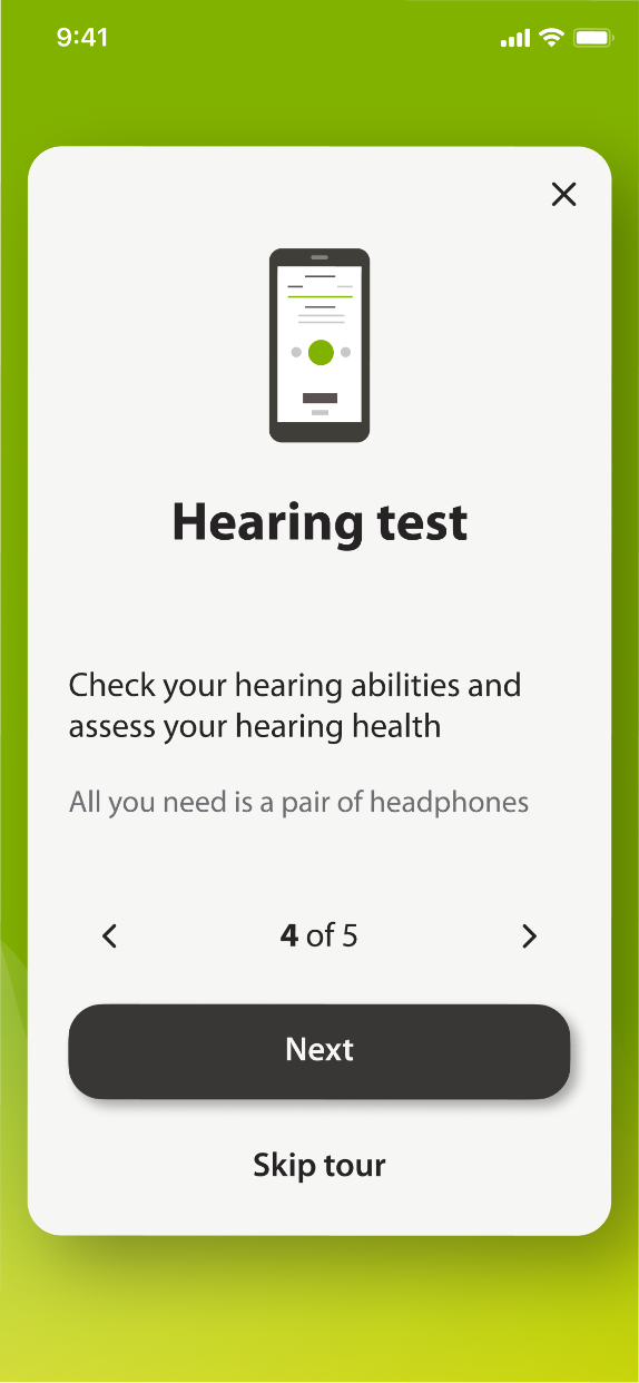 Onboarding card four: the in-app hearing test.
