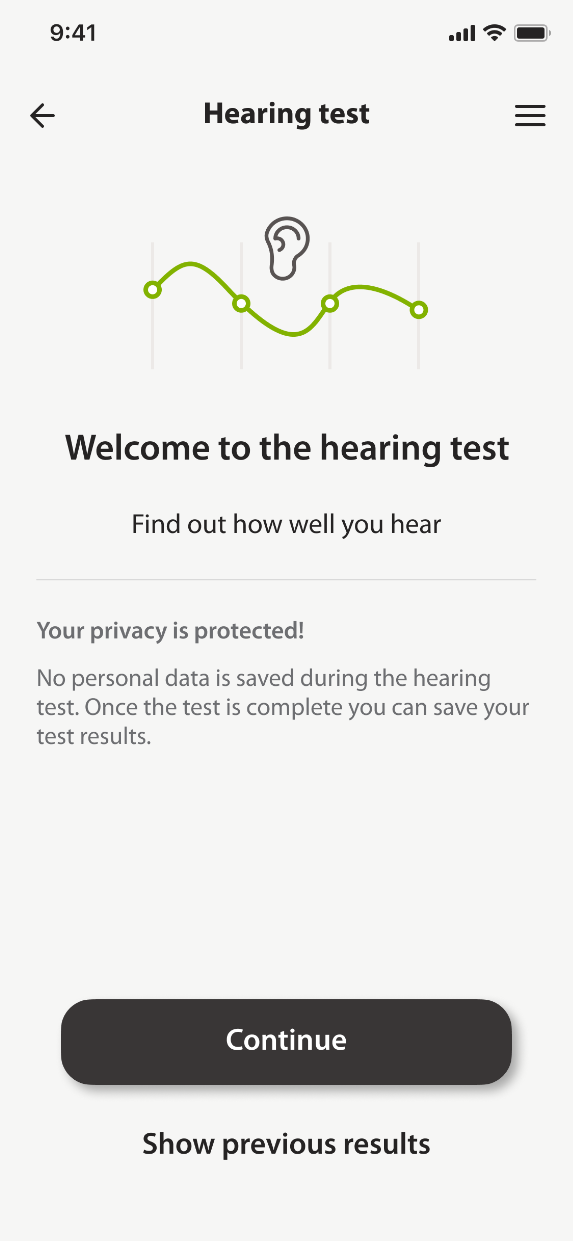 The opening screen of the hearing test, with a note that no personal data is saved while the test runs.