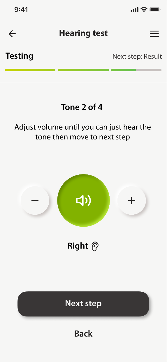 The hearing test in progress: one tone at a time, with the step counter and a single button to confirm what was heard.