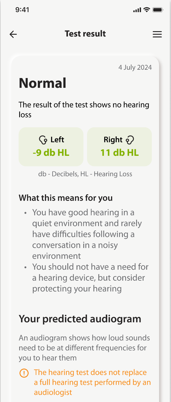 The result: a plain verdict, the level measured for each ear, and a line saying the test does not replace one performed by an audiologist.