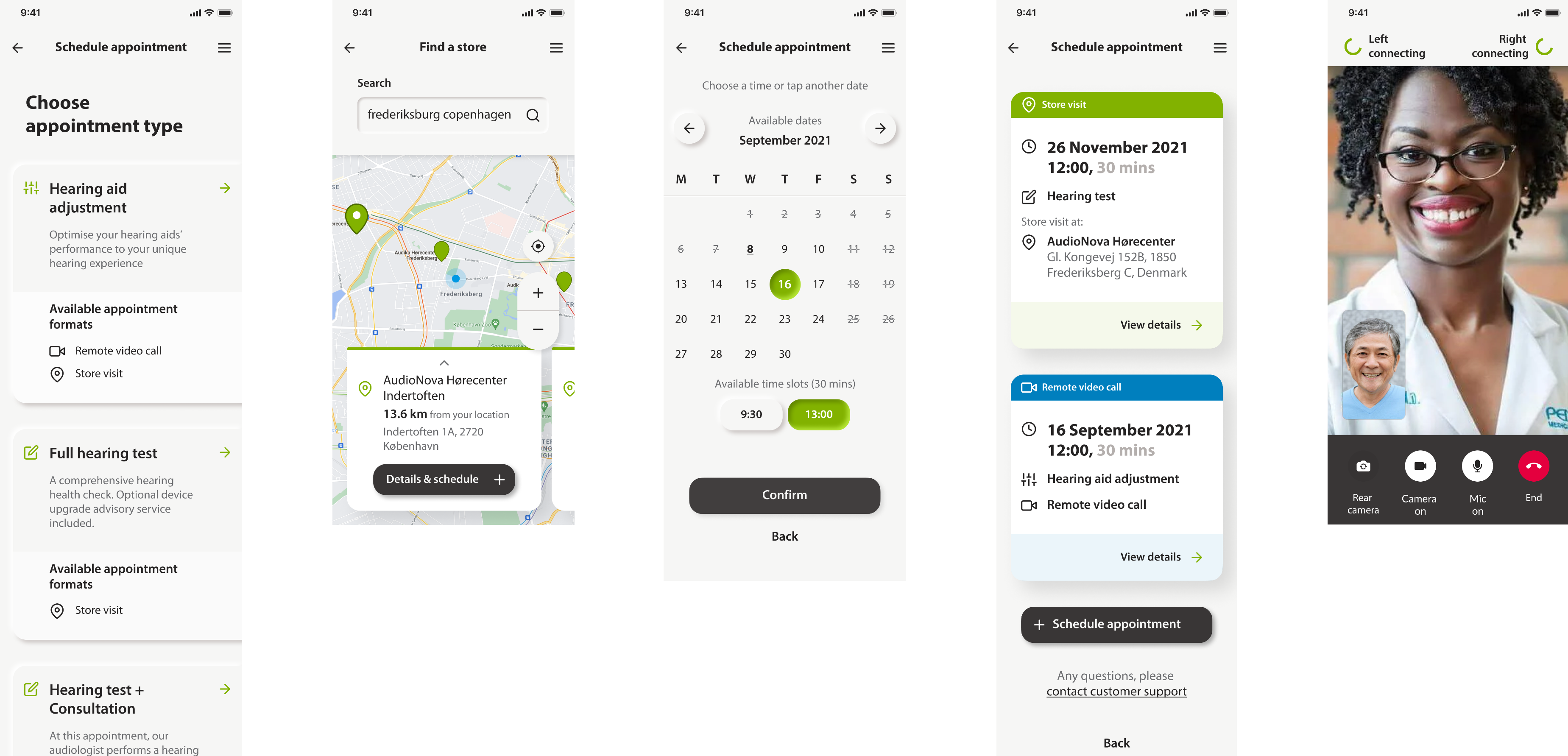 Appointments: choose appointment type, find a store, schedule appointment, upcoming appointments, in-app video call