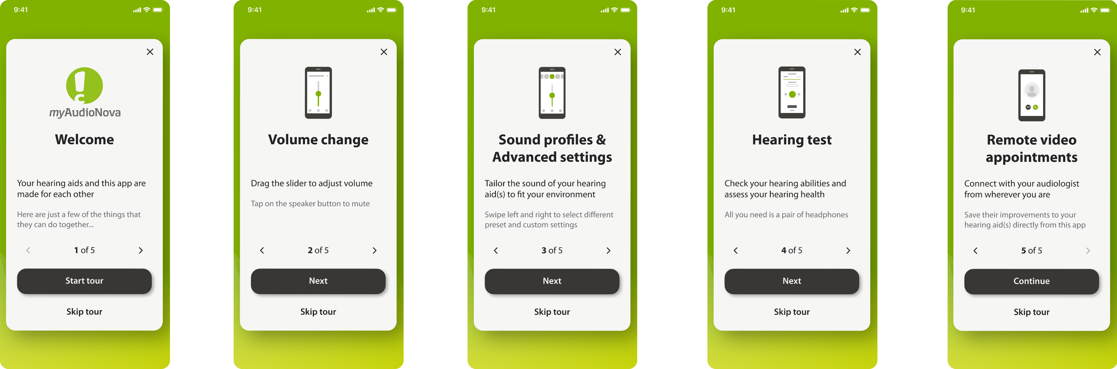 Onboarding flow: Welcome, Volume change, Sound profiles & Advanced settings, Hearing test, Remote video appointments