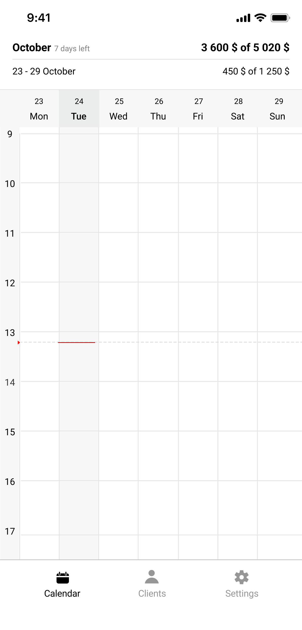Where the old flow lands: the Calendar tab, an empty week.