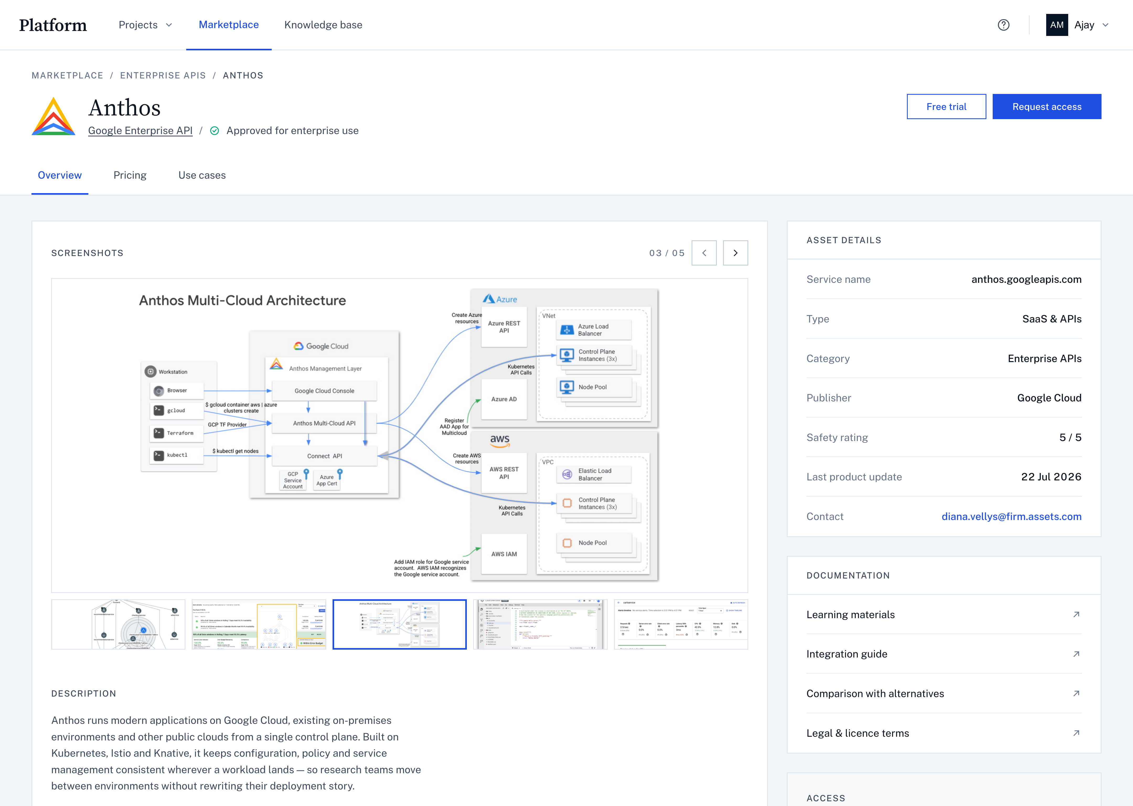 The asset details panel: service name, type, category, publisher, safety rating, last product update and a contact address, each on its own row.