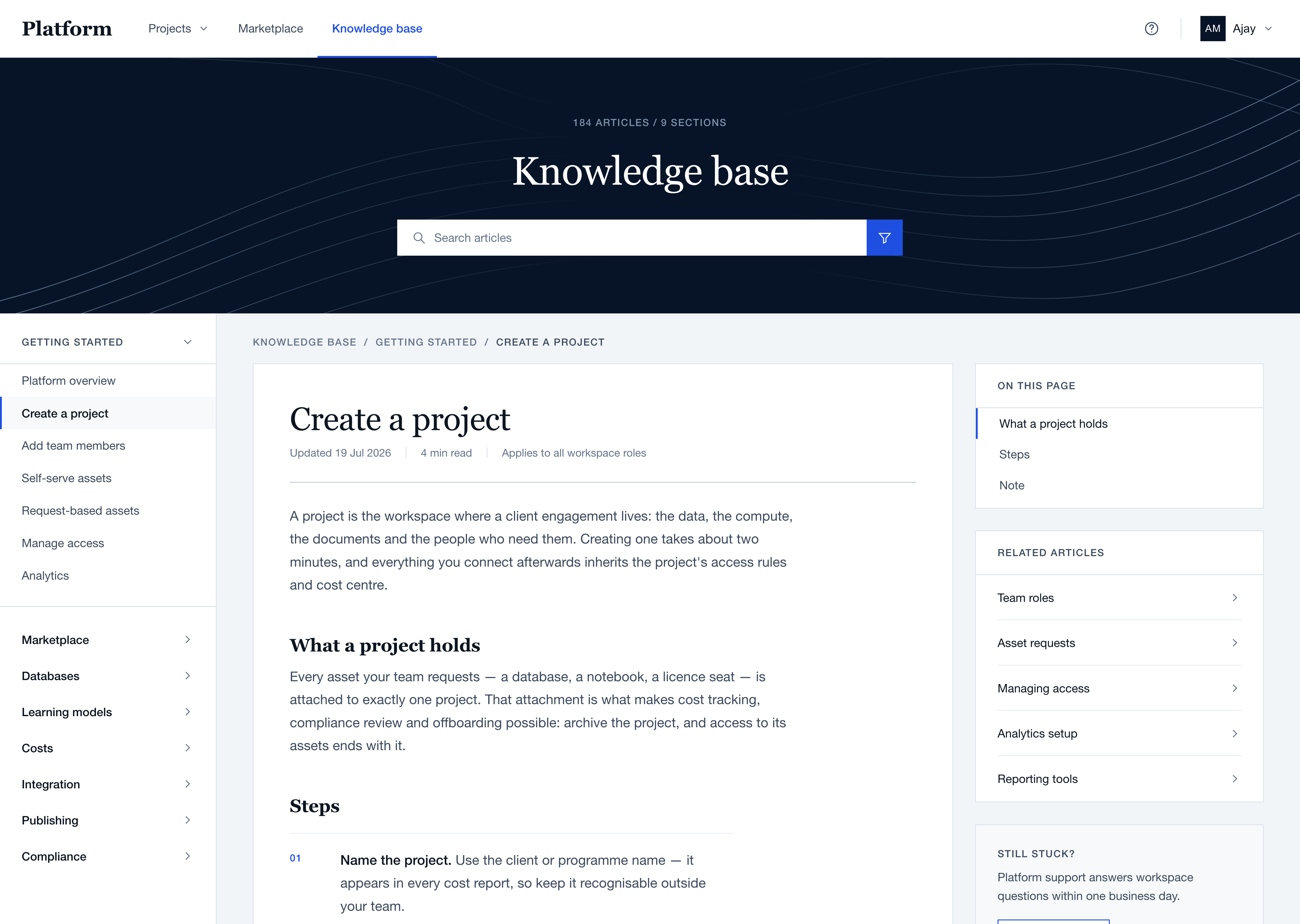 The knowledge base: a search header, a sectioned sidebar, an article on creating a project, and related articles beside it.