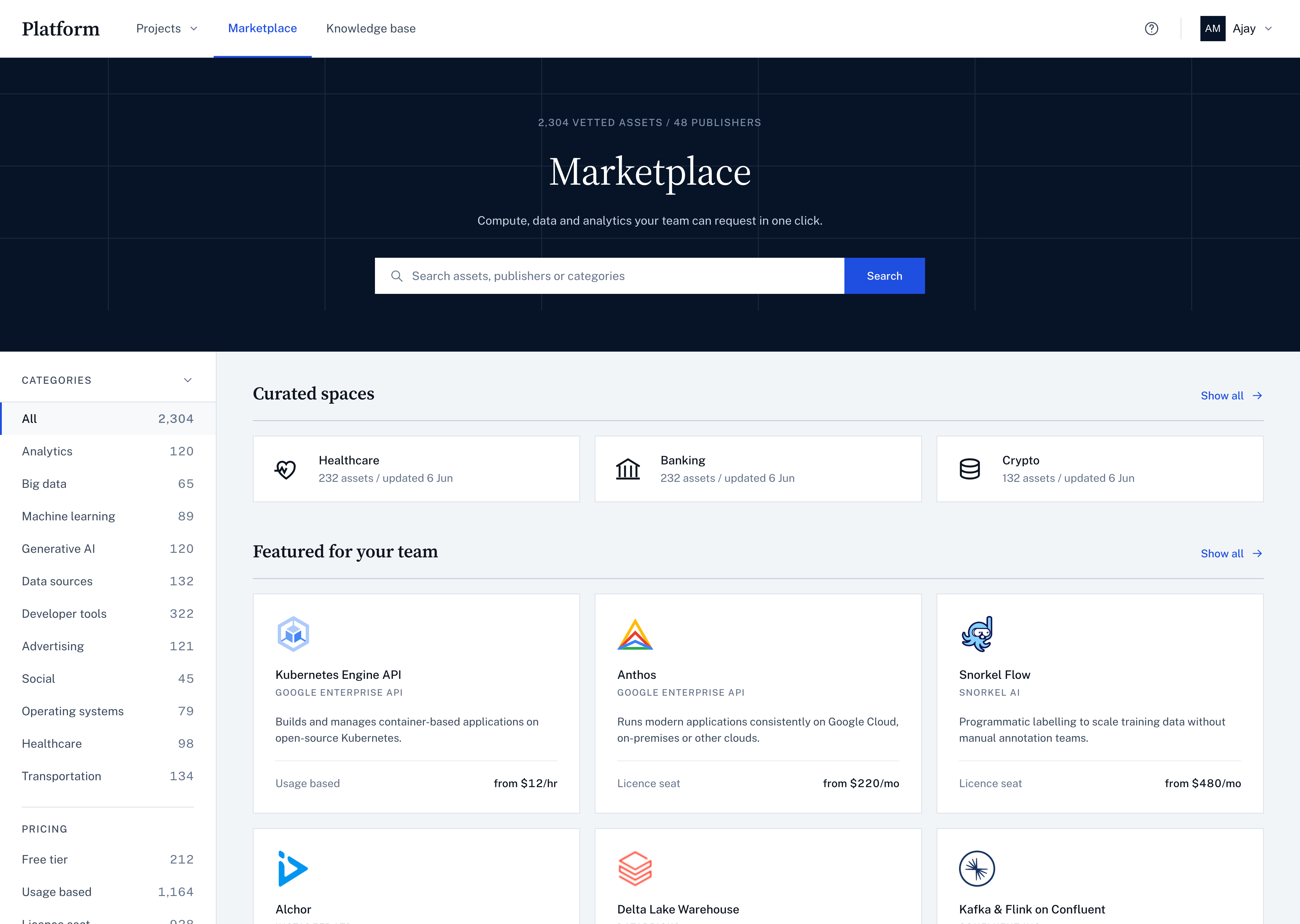 Marketplace home: curated spaces for healthcare, banking and crypto, then featured assets, with category counts in the sidebar.