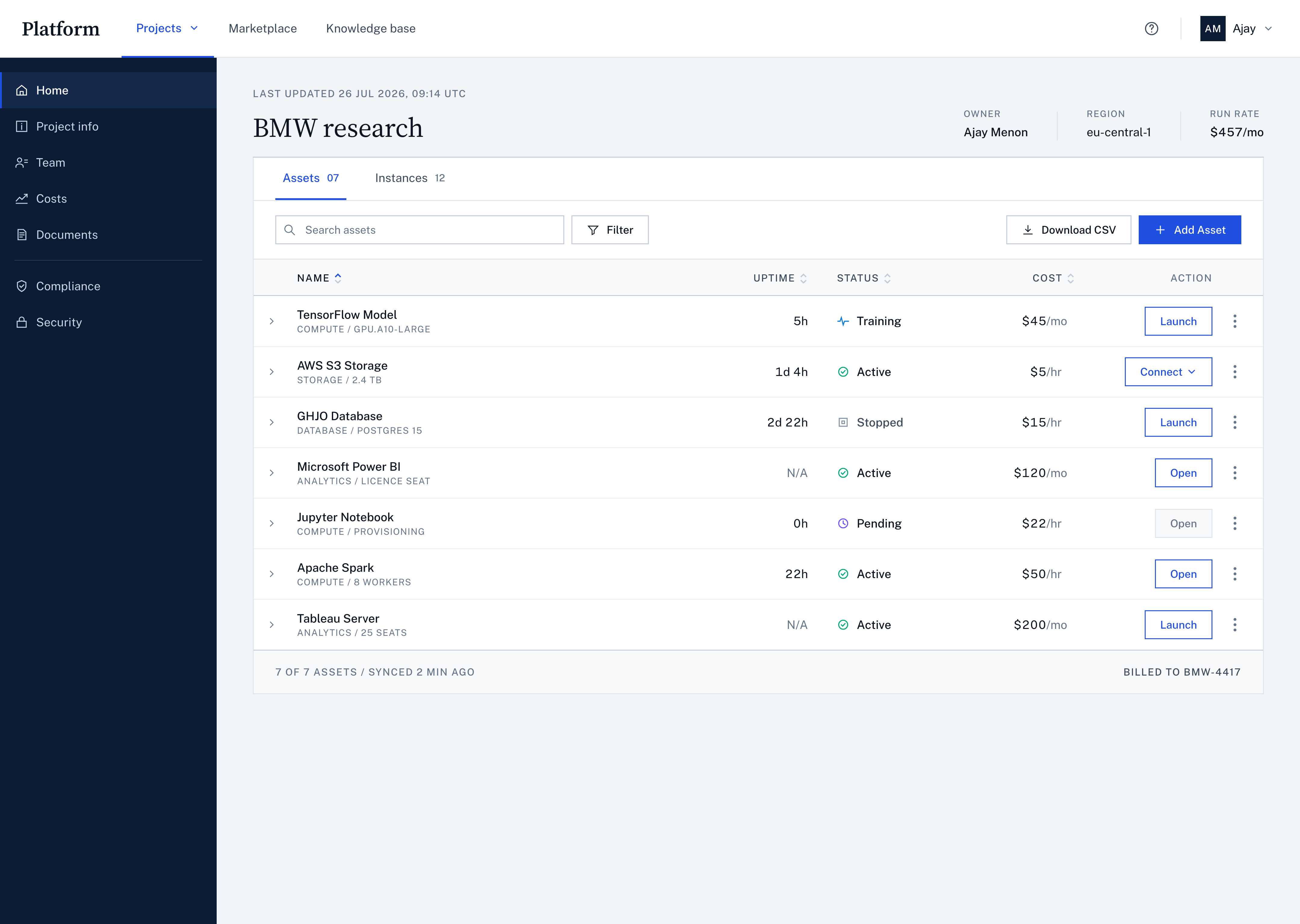 A project's assets table: each asset with uptime, status, hourly cost and a launch or connect action.